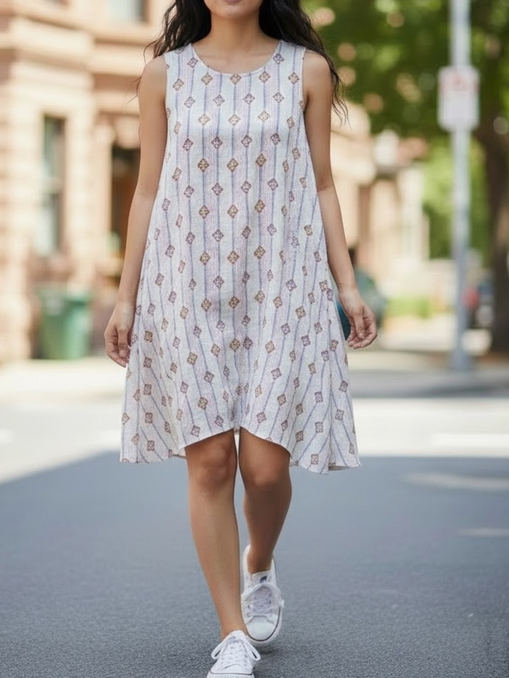 CP Shades Linen Shark-bite Hem Tank Dress White Stripe size Large